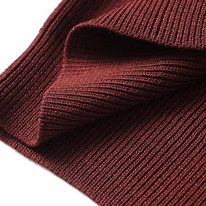 Women's long sleeve knitted minidress wine red V-neck elegant dress