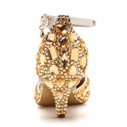 Pointed Toe Gold Rhinestone Crystal Low Prom Heels Wedding Shoes