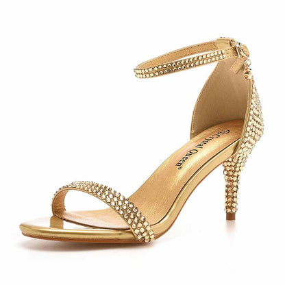 Gold Open Toe Heeled Ankle Buckle Strap Evening Pump Sandal Shoes
