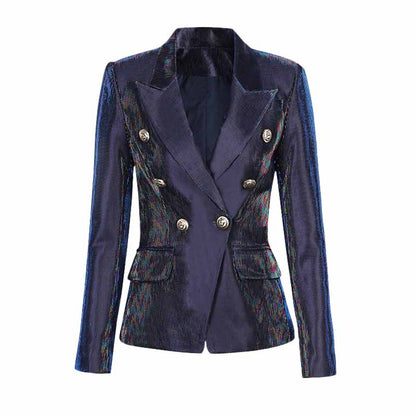 Women Sequins Dark Blue Blazer Long Sleeve Double breasted Party Jacket