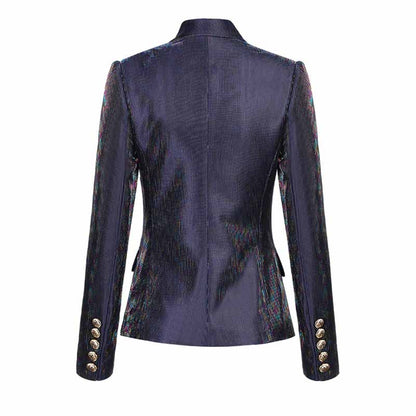 Women Sequins Dark Blue Blazer Long Sleeve Double breasted Party Jacket