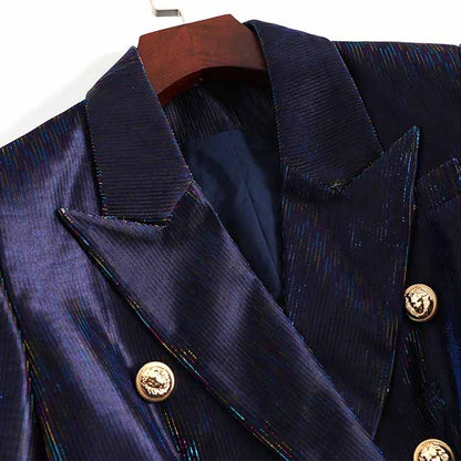 Women Sequins Dark Blue Blazer Long Sleeve Double breasted Party Jacket