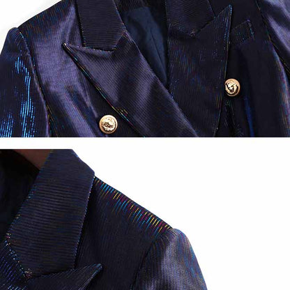 Women Sequins Dark Blue Blazer Long Sleeve Double breasted Party Jacket