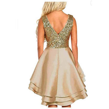 Women's Sequin Glitter V Neck Skater Mini Club Cocktail Party Swing Dress
