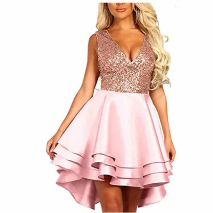 Women's Sequin Glitter V Neck Skater Mini Club Cocktail Party Swing Dress