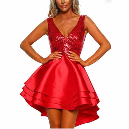 Women's Sequin Glitter V Neck Skater Mini Club Cocktail Party Swing Dress