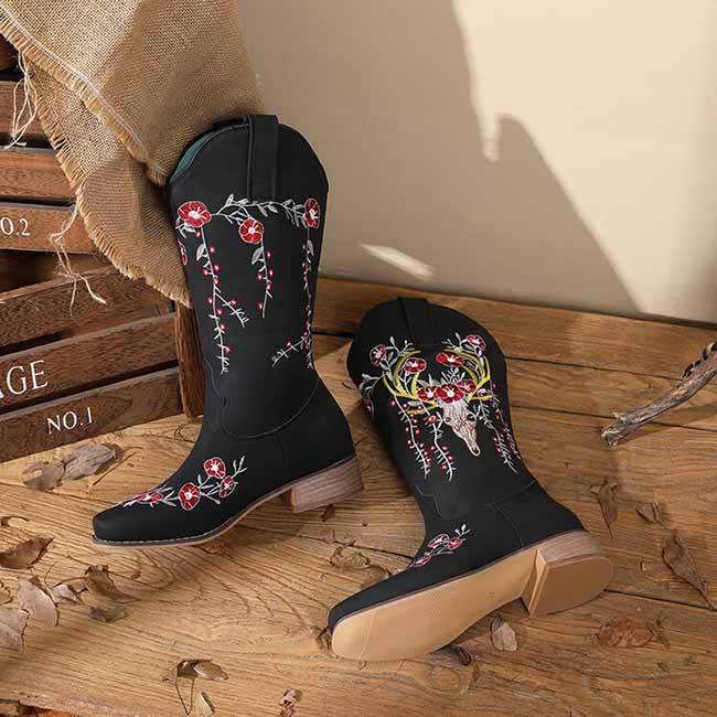 Women Floral Fantasy Cowgirl Chunky Boots Country Western Boot