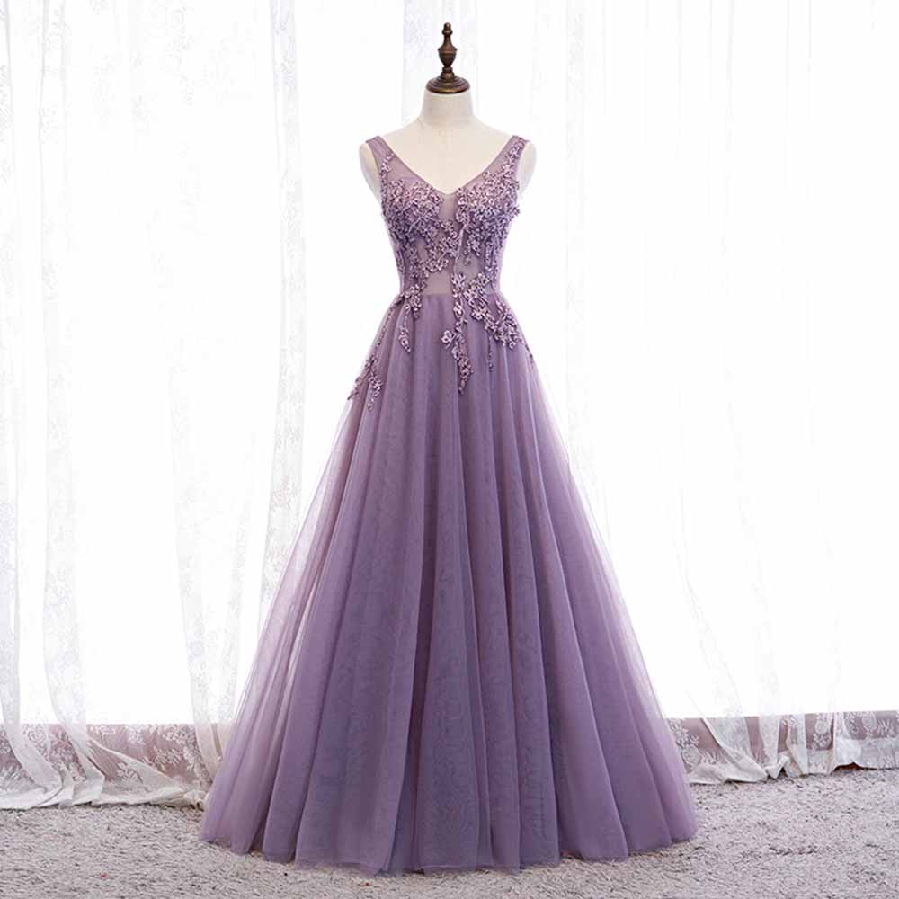 Women's Purple V-Neck Lace Appliques Tulle Evening Dress