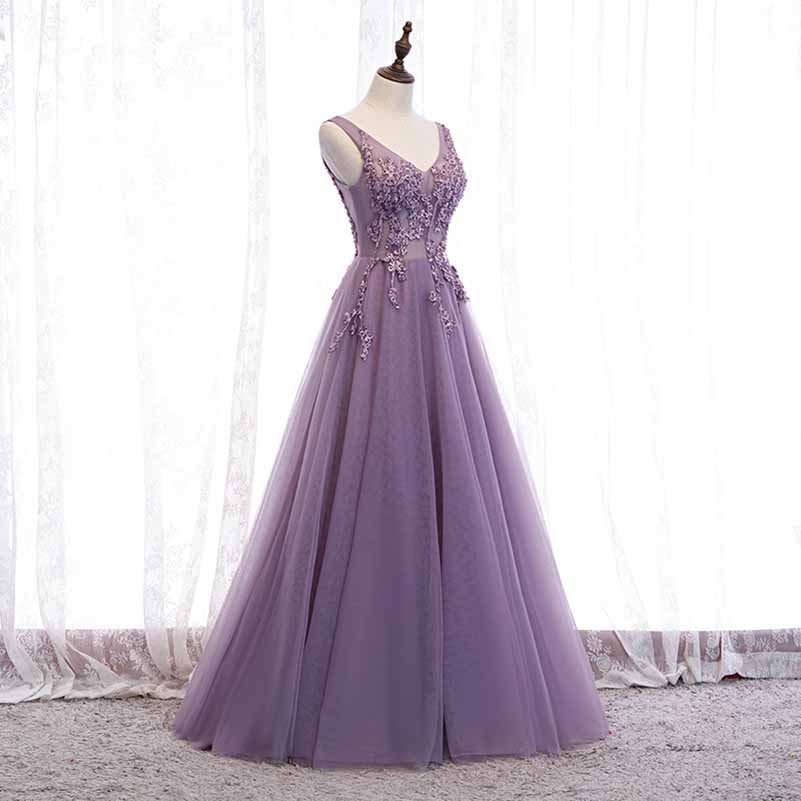 Women's Purple V-Neck Lace Appliques Tulle Evening Dress