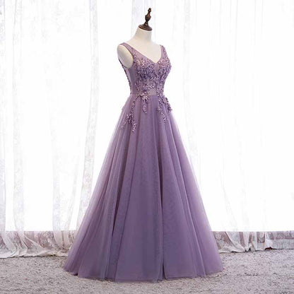 Women's Purple V-Neck Lace Appliques Tulle Evening Dress