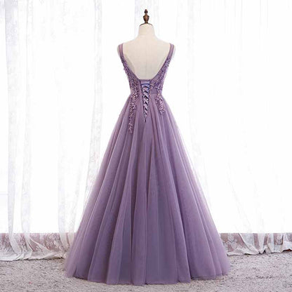 Women's Purple V-Neck Lace Appliques Tulle Evening Dress