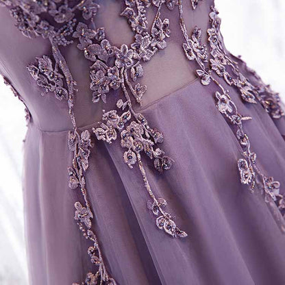 Women's Purple V-Neck Lace Appliques Tulle Evening Dress