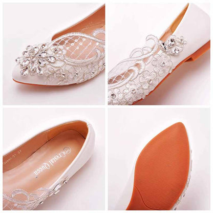 Women Pointed Toe White Flats Bridal Sandals White Lace Wedding Shoes