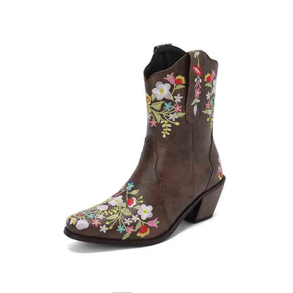 Women's Embroidered Western Short Cowgirl Boots Chunky Heel Boots