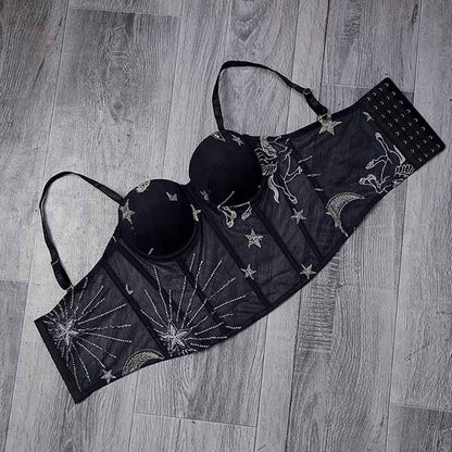 Women Black Flocked Velve Embellished Mesh Bralet Crop Top
