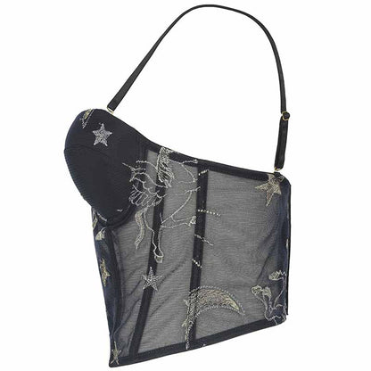 Women Black Flocked Velve Embellished Mesh Bralet Crop Top