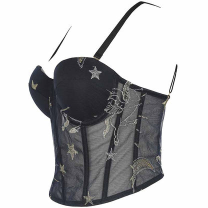 Women Black Flocked Velve Embellished Mesh Bralet Crop Top