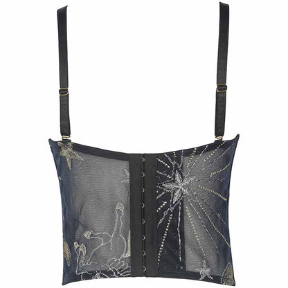 Women Black Flocked Velve Embellished Mesh Bralet Crop Top