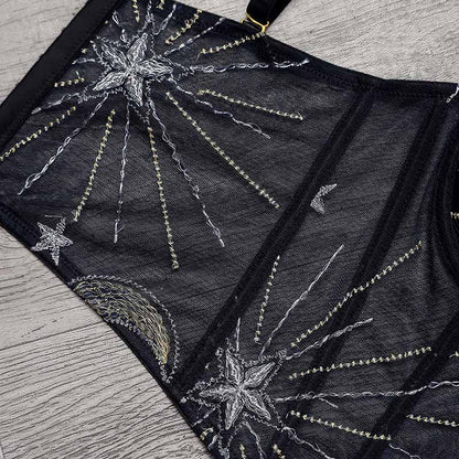 Women Black Flocked Velve Embellished Mesh Bralet Crop Top