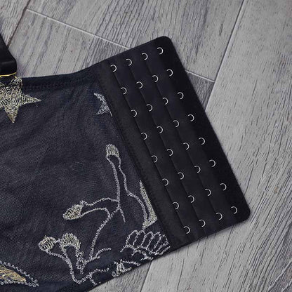 Women Black Flocked Velve Embellished Mesh Bralet Crop Top