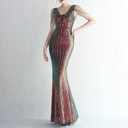Women's Dress V Neck Long Maxi Elegant Mermaid Formal Dresses Evening Gown S-4XL