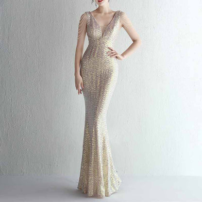 Women's Dress V Neck Long Maxi Elegant Mermaid Formal Dresses Evening Gown S-4XL