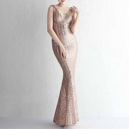 Women's Dress V Neck Long Maxi Elegant Mermaid Formal Dresses Evening Gown S-4XL