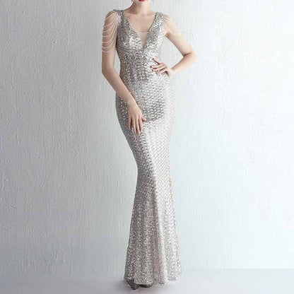 Women's Dress V Neck Long Maxi Elegant Mermaid Formal Dresses Evening Gown S-4XL