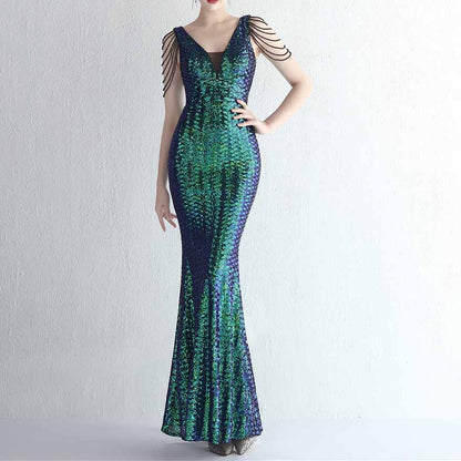 Women's Dress V Neck Long Maxi Elegant Mermaid Formal Dresses Evening Gown S-4XL
