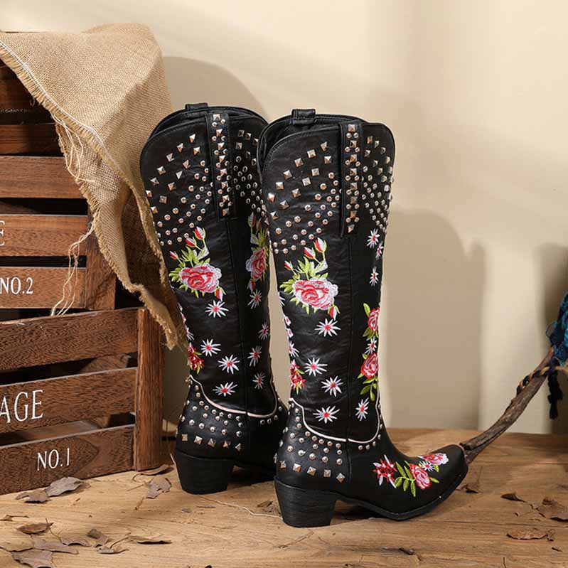 Women Floral Fantasy Cowgirl Embroidery Boots