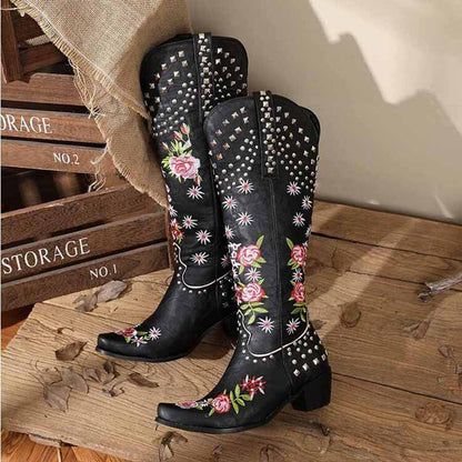 Women Floral Fantasy Cowgirl Embroidery Boots