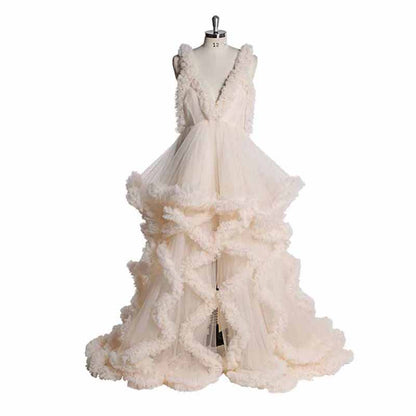 Deep V Neck Flare Ruffles Tulle Robe Maternity Gown for Photo Shoot Off Shoulder Gown