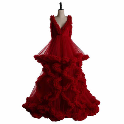 Deep V Neck Flare Ruffles Tulle Robe Maternity Gown for Photo Shoot Off Shoulder Gown