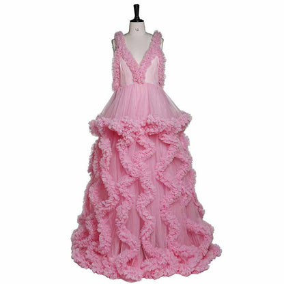 Deep V Neck Flare Ruffles Tulle Robe Maternity Gown for Photo Shoot Off Shoulder Gown