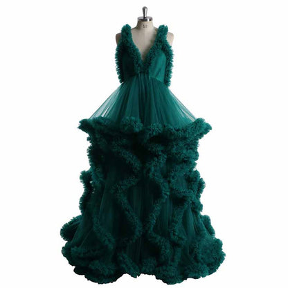 Deep V Neck Flare Ruffles Tulle Robe Maternity Gown for Photo Shoot Off Shoulder Gown