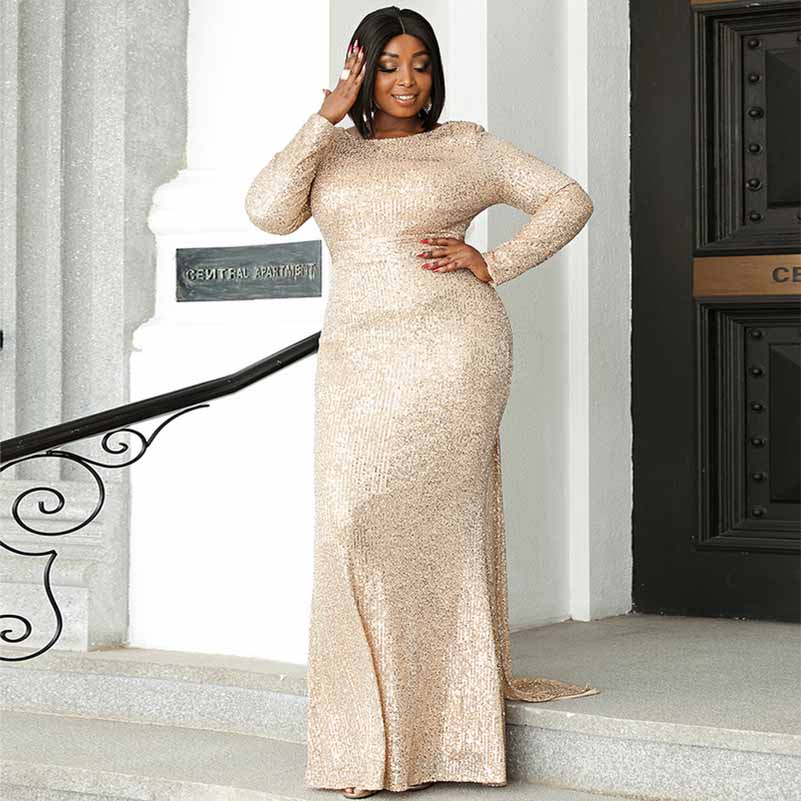 Women Plus Size Gold Sequin Evening Dresses Long Formal Maxi Dresses