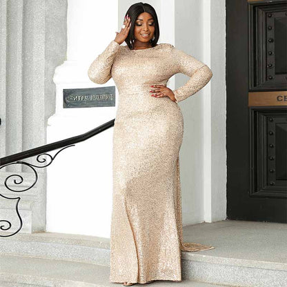 Women Plus Size Gold Sequin Prom Dresses Long Formal Wedding Dresses