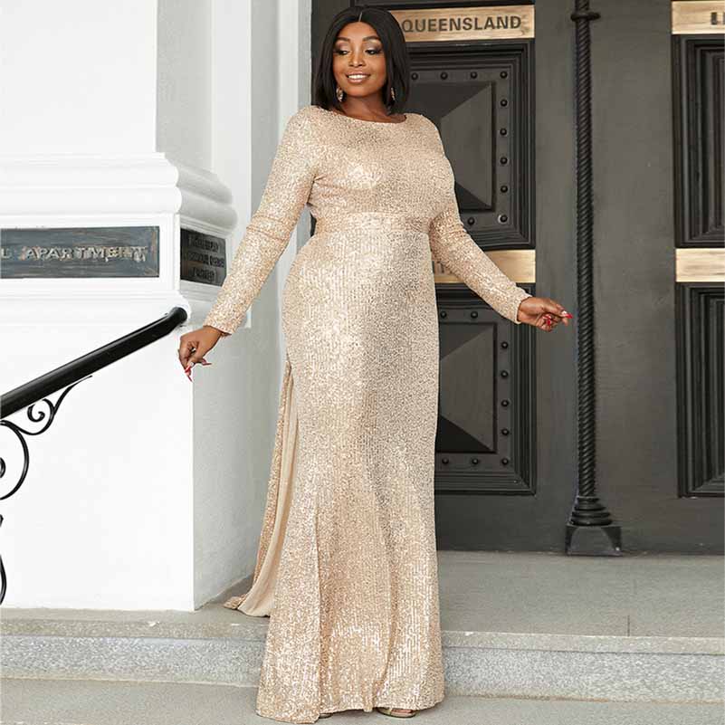 Women Plus Size Gold Sequin Evening Dresses Long Formal Maxi Dresses