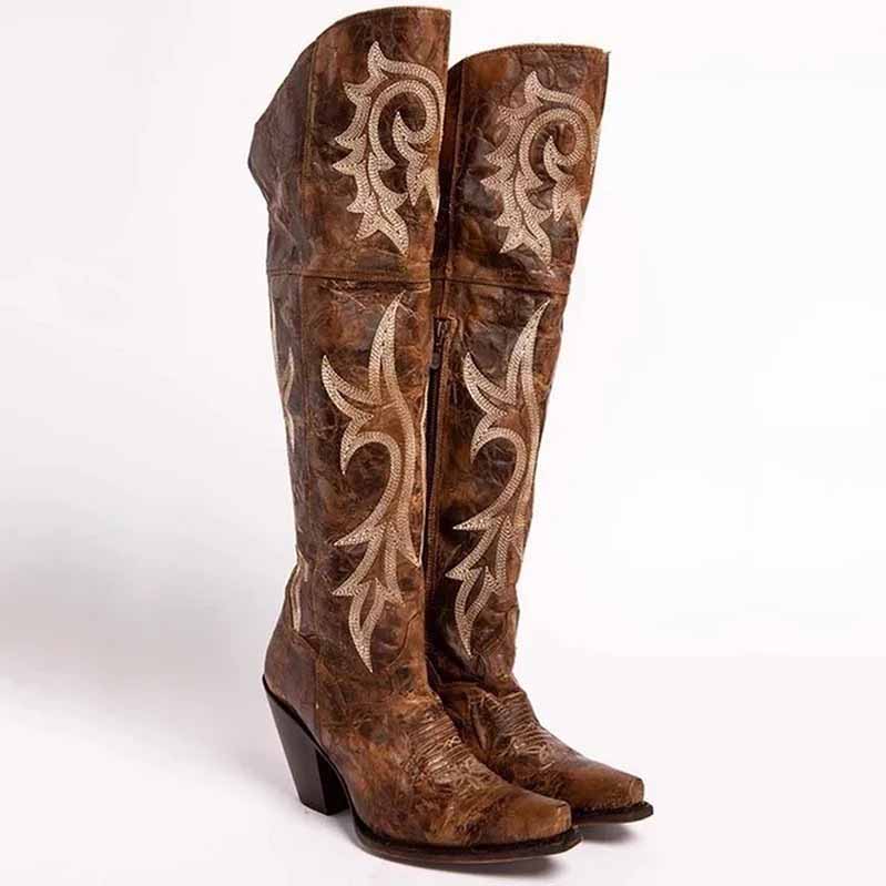 Womens Embroidery Snip Toe Dress Boots Knee High Brown Boot