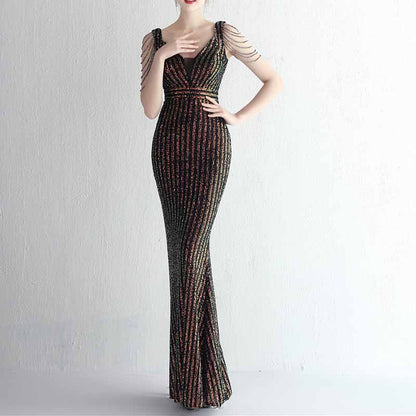 Women Sequin Fishtail V Neck Maxi Bodycon Dress with Tassel Sleeves