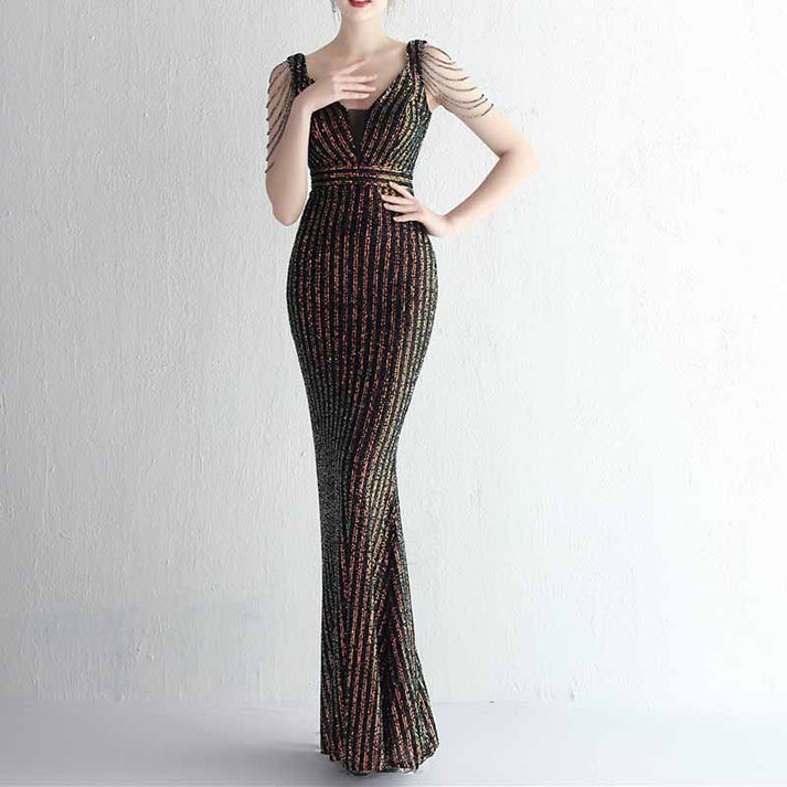 Sexy Deep V Neckline Sequin Fishtail Evening Dresses with Half Sleeve