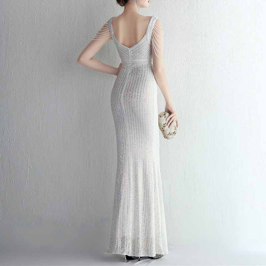 The cowl neck maxi sequin dress with fishtail skirt