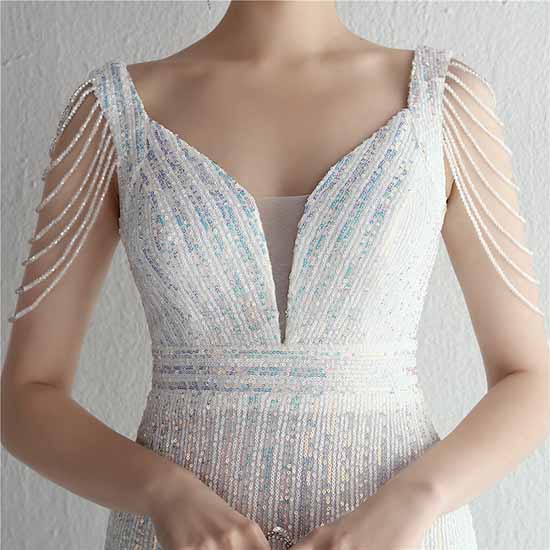 Women Sequin Fishtail V Neck Maxi Bodycon Dress with Tassel Sleeves
