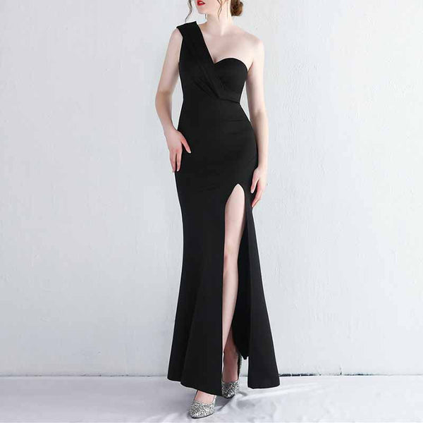 Black Sheath One Shoulder Long Formal Dress with Slit