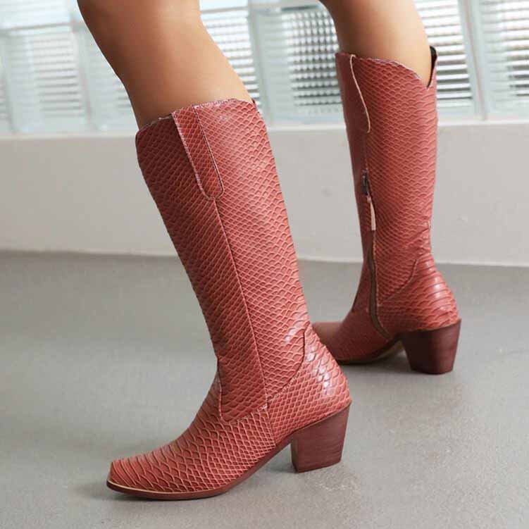 Womens Mid Calf Boots Chunky Heel Zipper Cowgirl Boots