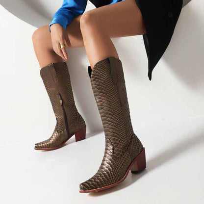 Womens Mid Calf Boots Chunky Heel Zipper Cowgirl Boots