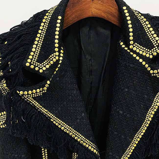 Women Black Blazer With Tassel tweed Jacket Coat