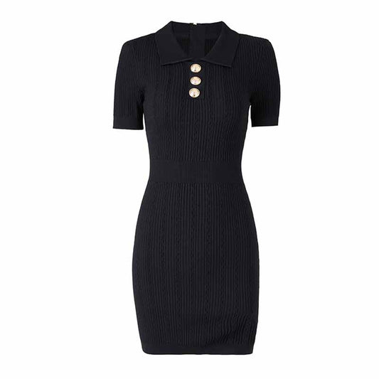 Womens Black Knit Dress With Short Sleeve Mini Knitted Dress