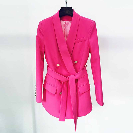 Women Pink Blazer Jackets Double Gold Breasted Lace Up Blazers