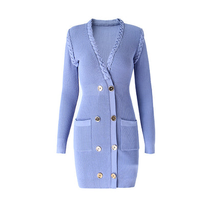 Women Lavender Button-up Knitted Minidress V Neck Mini ribbed-knit Dress